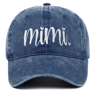 Vintage washed blue denim baseball cap with white mimi embroidery for Mother's Day gift