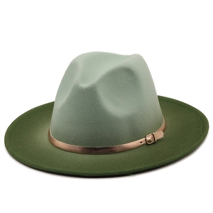 Two-tone wide brim fedora hat in mint and dark green with a gold buckle band