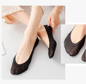 Detail showing the invisible effect of black ultra-thin ice silk low cut boat socks on feet