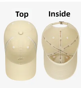 Detail of beige baseball cap with N-letter embroidery and adjustable metal buckle