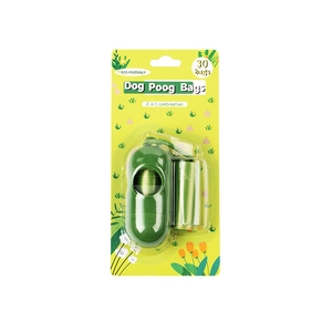 Green pill-shaped dog waste bag dispenser set with two rolls of 30 refill bags