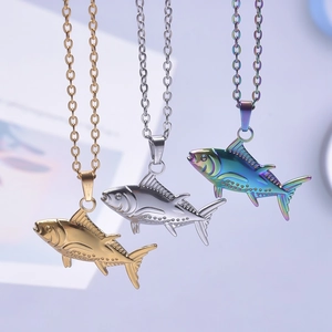 Three fish pendant necklaces in gold, silver, and iridescent 18k vacuum plated stainless steel