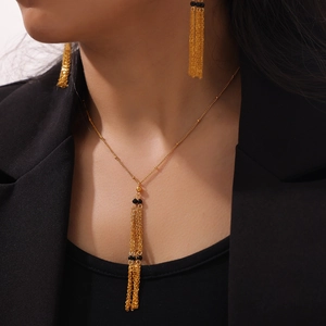 Vintage layered chain and black bead titanium jewelry set with long tassel necklace and earrings