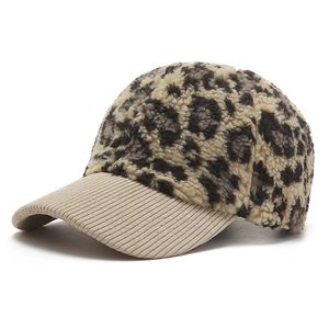 Winter faux fur leopard print baseball cap with khaki corduroy brim for outdoors