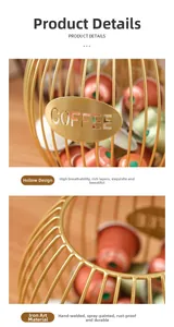 Close-up of golden iron coffee capsule holder with COFFEE plate and wire frame detail