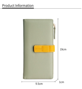 Detailed size specifications for the bicolor faux leather long wallet 19x9.5x1cm