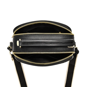 Black litchi grain small square bag with triple zippers and wide woven shoulder strap