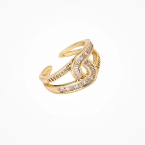 Elegant gold-plated open ring with sparkling zircon stones in a wave design