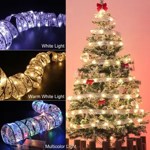 Christmas Ribbon LED String Lights Glowing Mesh Fairy Lights For Christmas Tree Decoration Star Pattern Battery Operated