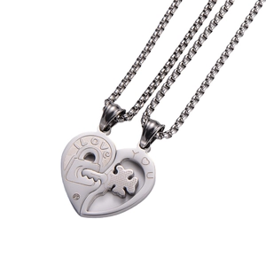 Couples stainless steel necklaces with interlocking heart key and lock pendants