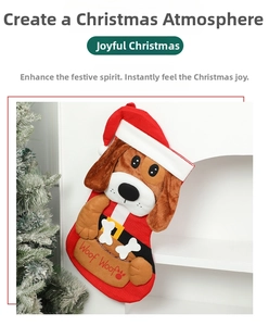 Detail view of a red Christmas stocking featuring a 3D cartoon dog and Woof Woof pocket