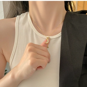 Close-up of a gold-toned necklace with a zircon crescent moon and dangling star pendant