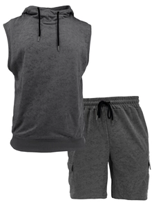 Detail view of grey vintage-wash sleeveless hoodie and cargo shorts athletic set