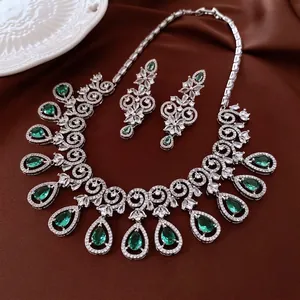 Necklace And Earrings Luxury Emerald Green Water Drop Zircon Copper With Silver Earring Post Elegant High-End Jewelry