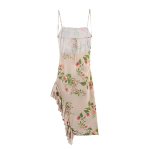 Abito floreale a spalline sottili con schiena scoperta e orlo a balze in chiffon beige