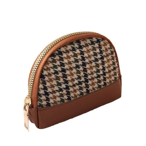 Classic houndstooth canvas coin purse with brown faux leather trim and gold zipper
