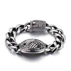 Men's Stainless Steel Curb Chain Bracelet Retro Gothic Cross Embossed Oval Plate With Black Zircon Stone Punk Jewelry