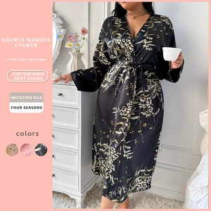 Women Plus Size Floral Print Robe And Nightgown Long Sleeve Imitation Satin Satin Kimono Sleepwear V-Neck Belted