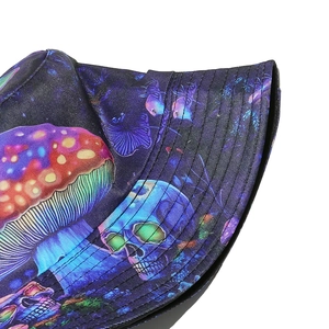 Detail of psychedelic mushroom and skull print with reinforced stitching on bucket hat