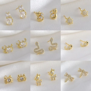 Cute Animal Shape Copper Zirconia Stud Earrings For Women Cat Turtle Crab Seahorse 925 Sterling Silver Earring Post Jewelry