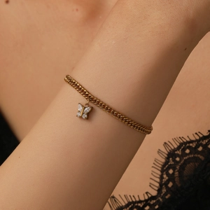 Stainless Steel Butterfly Pendant Chain Bracelet With Sparkling Zircon Fashion Elegant Jewelry For Women