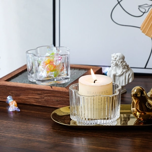 Nordic crystal glass candle holder and candy jar with vertical stripes and petal edges