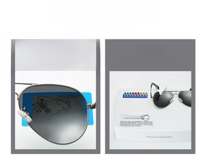 Close-up of polarized pilot sunglasses showing functional UV400 and polarization tests