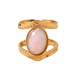 Vintage gold stainless steel ring with pink oval natural stone and beaded details
