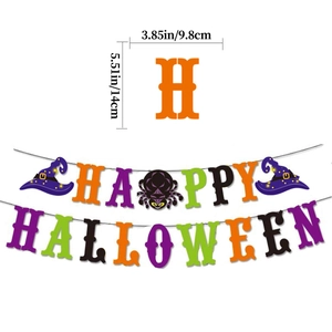 Halloween Happy Halloween banner with orange purple black letters and wizard hat spider decor