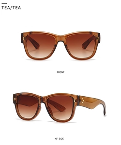 Front and side view of tea-colored cat-eye sunglasses with metal rivet details