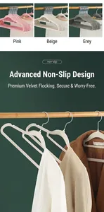 Non-slip velvet hangers in pink, white and grey colors for seamless clothes storage
