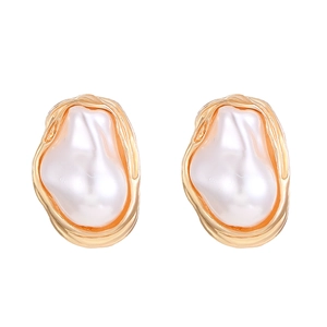 Baroque style irregular golden stud earrings with creamy pearl inlay for women