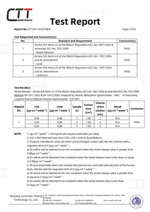 Official REACH certification report showing PASS results for nickel, lead, and cadmium tests