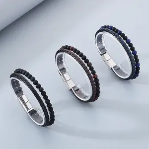 Men Woven Leather Bracelet With Tiger Eye Agate Beads Stainless Steel Magnetic Clasp Layered Punk Jewelry