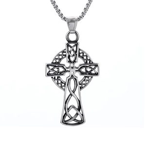 Vintage silver Viking Celtic cross necklace with intricate knot patterns on white background