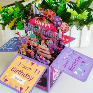 Detailed 3D pop-up birthday card in purple featuring a layered paper cake and balloons