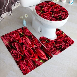 Three-piece red rose print bathroom set with bath mat, U-shaped rug, and toilet lid cover