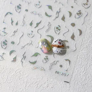 Detailed macro view of M-207 laser silver nail art stickers with moon and line designs