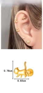 Detailed view of gold cat stud earring with precise dimensions 0.83cm x 0.78cm