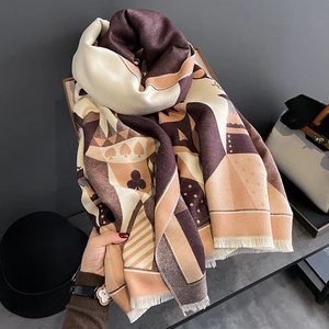 Faux cashmere long scarf with poker card pattern and fringe tassels in neutral tones