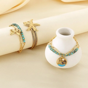 Double Layer Bracelet Stainless Steel Turquoise Starfish Dolphin Palm Tree Charms Summer Ocean Beach Style Women Accessory