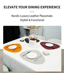 Detail of waterproof faux leather placemats and coasters with teardrop pebble shape