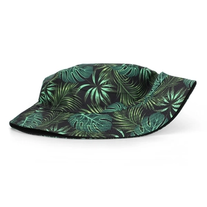 Detail of tropical leaf print and multi-row stitching on the black bucket hat brim
