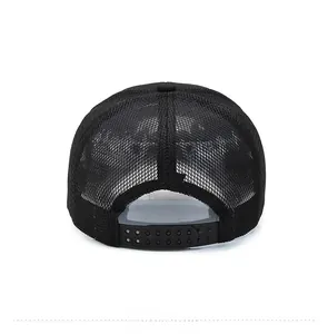 Detail of breathable black mesh back and adjustable snapback closure on baseball cap