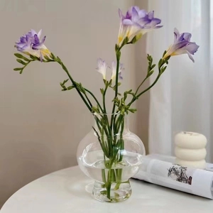 Macro detail of a spherical transparent glass vase with freesia flowers and wide base