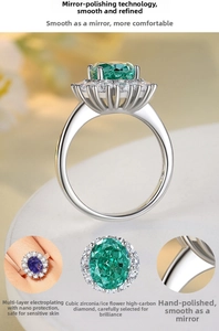 Detailed macro view of S925 silver emerald cut ring with halo diamond setting