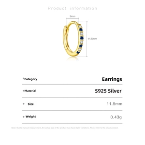Detail showing S925 sterling silver gold hoop earrings with dimensions and zircon inlay