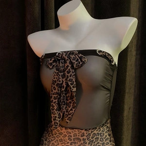 Sexy leopard print mesh tube top with a large bow and metallic ring detail