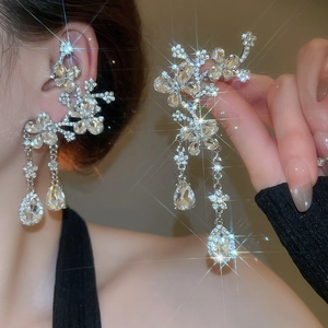 Detail of silver drop earrings with crystal flower petals and sparkling tassels