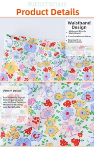 Detail of girl leggings featuring wide elastic waistband and floral digital print pattern